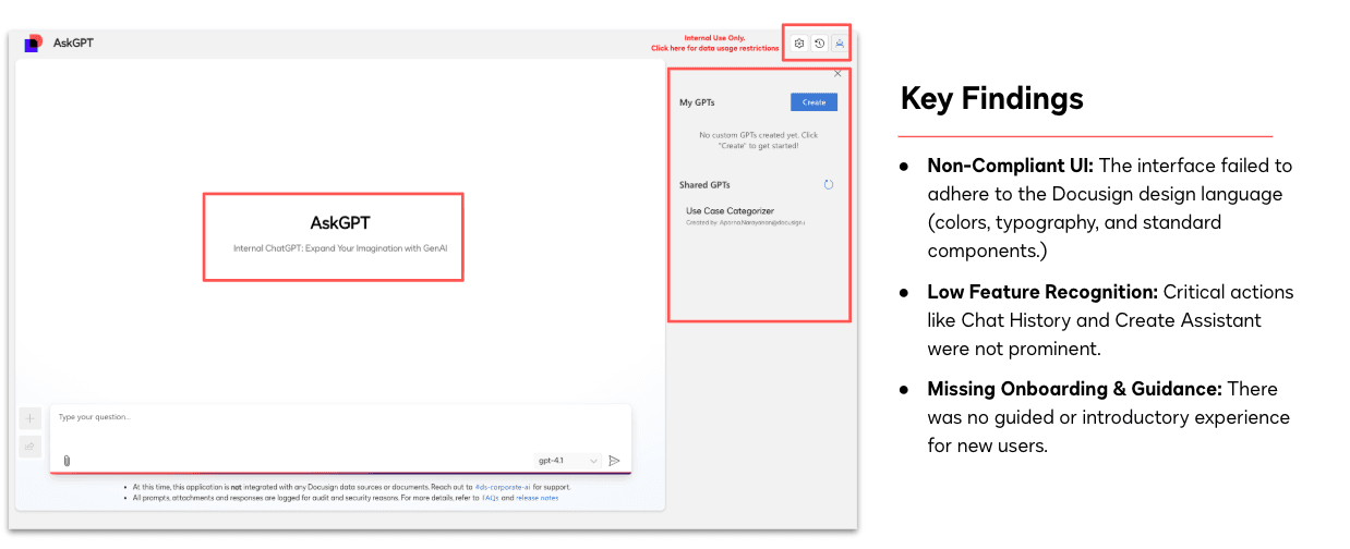 Heuristic evaluation key findings: Non-Compliant UI, Low Feature Recognition, Missing Onboarding