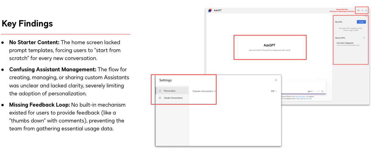 Key findings: No Starter Content, Confusing Assistant Management, Missing Feedback Loop