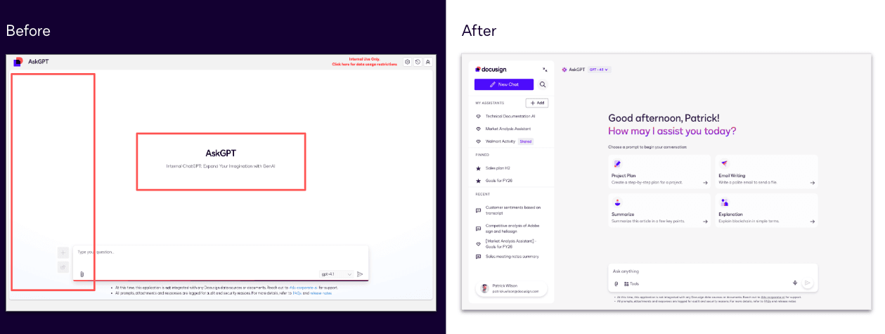 Before and after: AskGPT home screen, blank canvas vs. structured dashboard with prompt cards