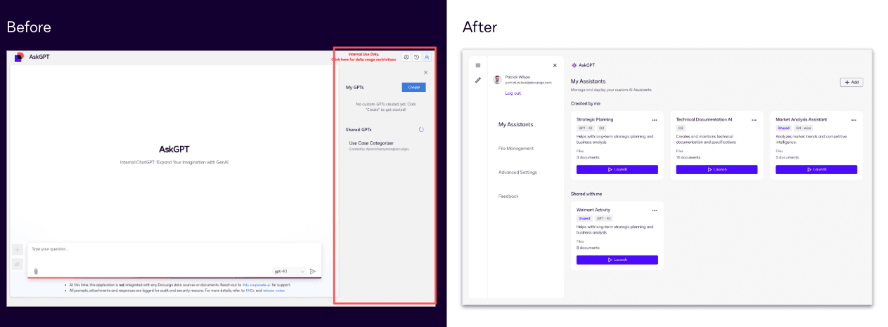 Before and after: assistant management, hidden side panel vs. full-page assistant gallery