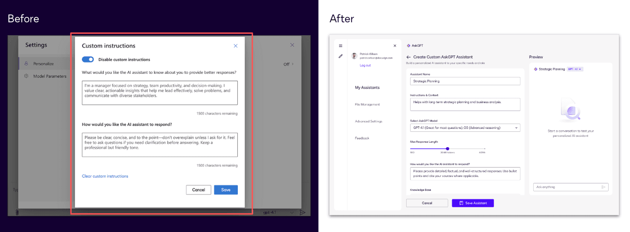 Before and after: assistant creation, buried settings modal vs. full creation flow with live preview
