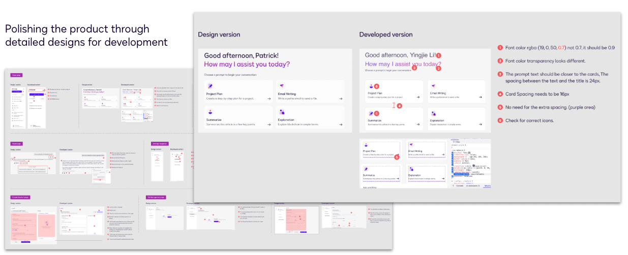 QA comparison: design version vs. developed version with annotated discrepancies