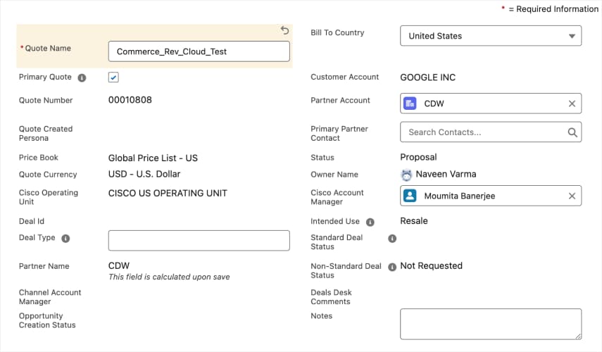 Current CCW quote entry form