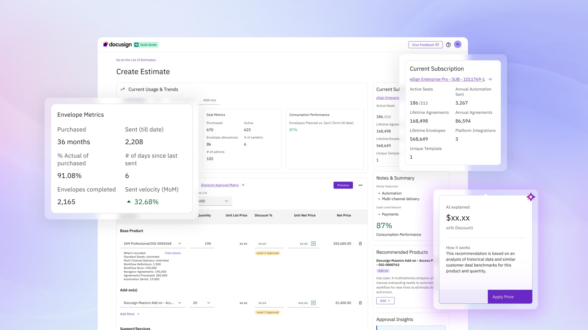 Create Estimate with AI Explained tooltip showing discount reasoning: historical benchmarks and similar customer data