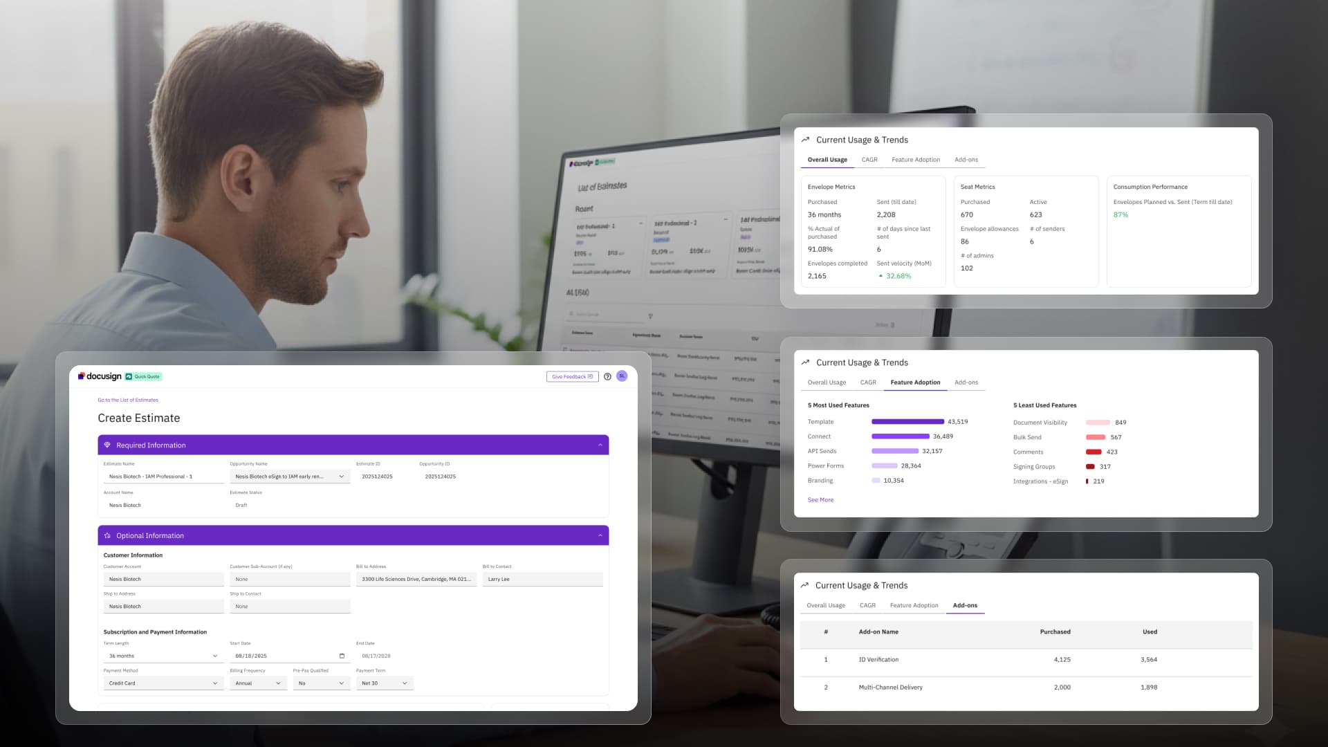Sales rep using Quick Quote with Current Usage and Trends panel showing feature adoption and envelope metrics